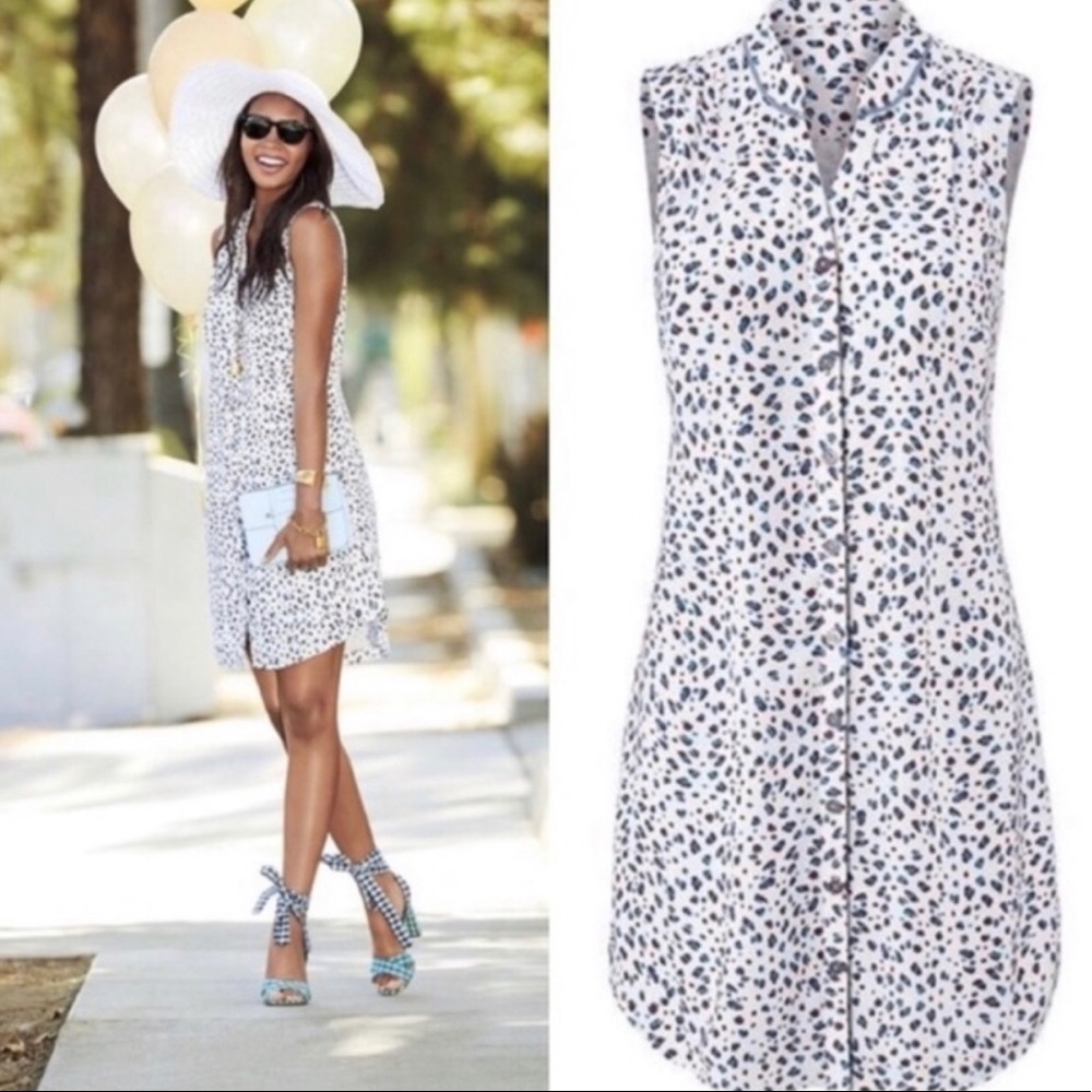Cabi Leopard Camilla Shirt Dress White Button Blue